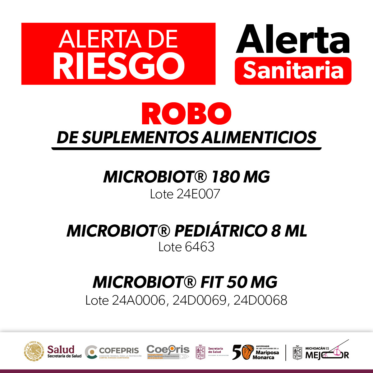 Alerta Sanitaria por robo de suplementos alimenticios Microbiot