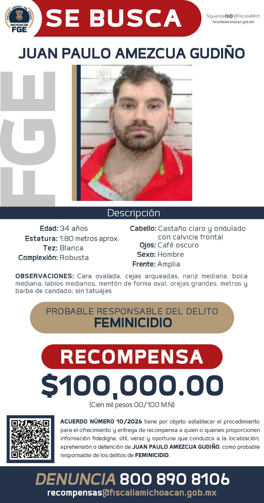 Ofrece FGE recompensa para ubicar y detener a Juan Paulo Amezcua Gudiño, presunto responsable del feminicidio de Frida S.