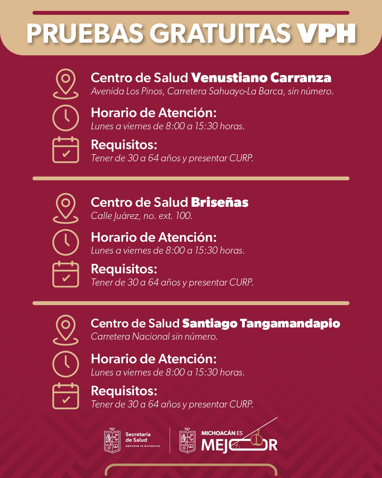 Pruebas gratuitas para VPH en Venustiano Carranza, Briseñas y Tangamandapio