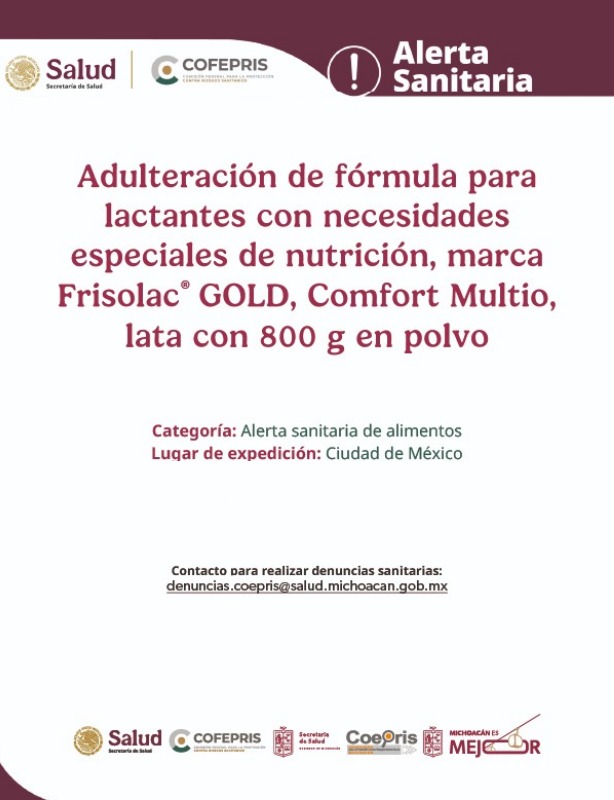 Alerta sobre comercialización de lotes adulterados de fórmula infantil Frisolac®️