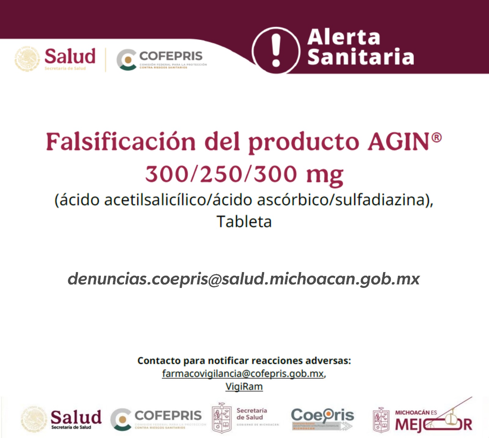 Cofepris emite alerta sanitaria por falsificación del producto Agin®️