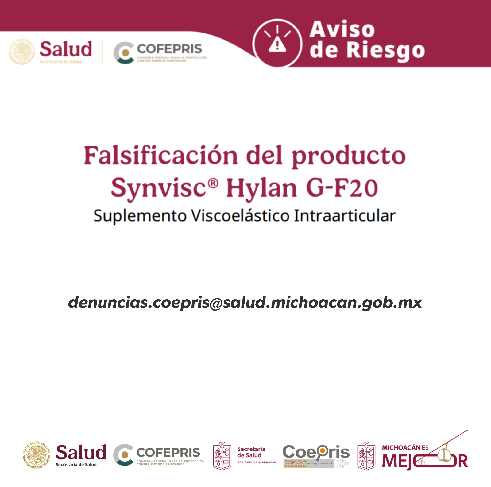 Alerta por falsificación del producto Synvisc®️